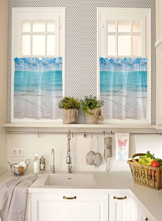 Jolunifun Ocean Beach Theme Kitchen Curtains for Bedrooml Living Room 24 Inch Length, Blue White Small Short Cafe Tiers Curtains Drape, 2 Panel Window Treatment Rod Pocket Drapery Panels Curtains 55x24 - Image 2